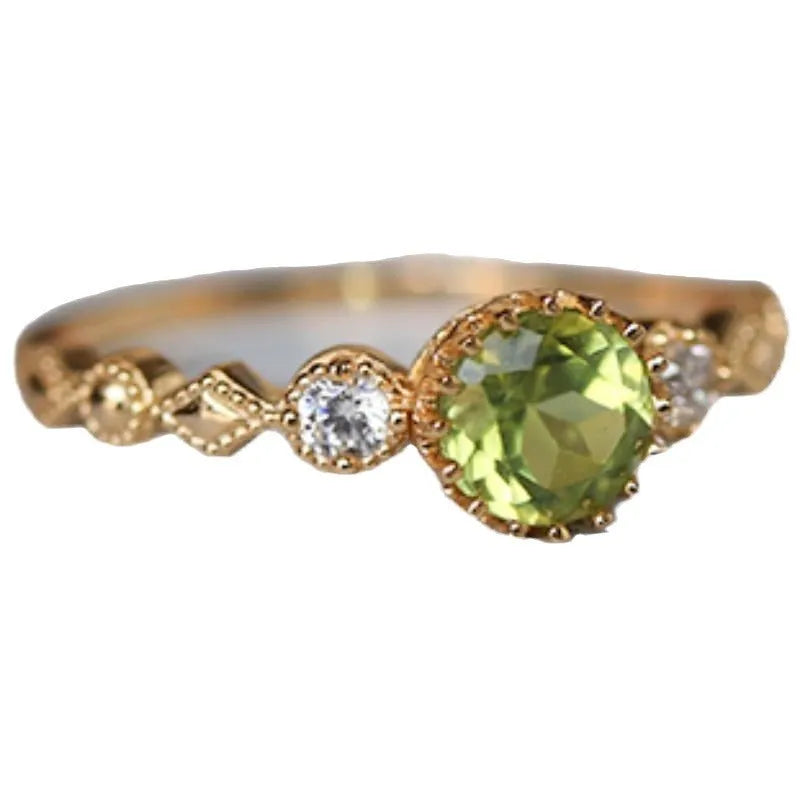 Copper geometric women's ring with imitation peridot crystal in Japanese retro style