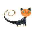 Orange and white alloy brooch with painted design of a cat with its tail up.