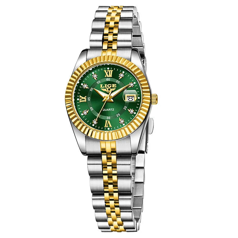 Waterproof women's fashion quartz watch with 10mm thickness in gold and silver colour variations
