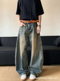 Men's retro blue distressed denim wide-leg jeans with a slimming fit and zip fly