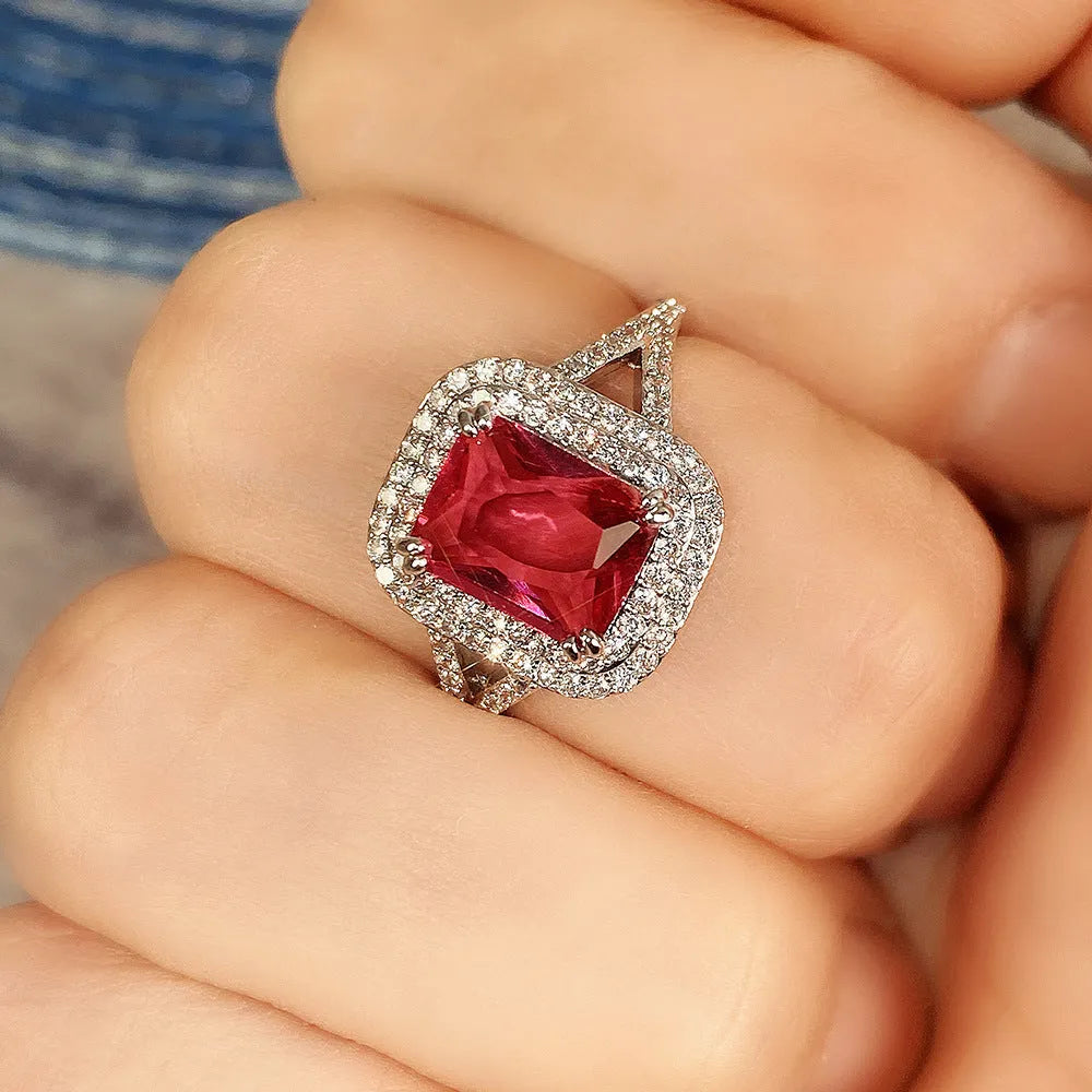 Copper square princess ring with red rhinestones in geometric pattern, UK sizes 6-10