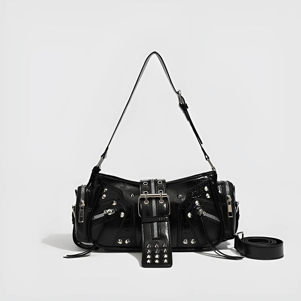 Black retro dumpling-shaped women's shoulder handbag with exterior pockets and organised interior.