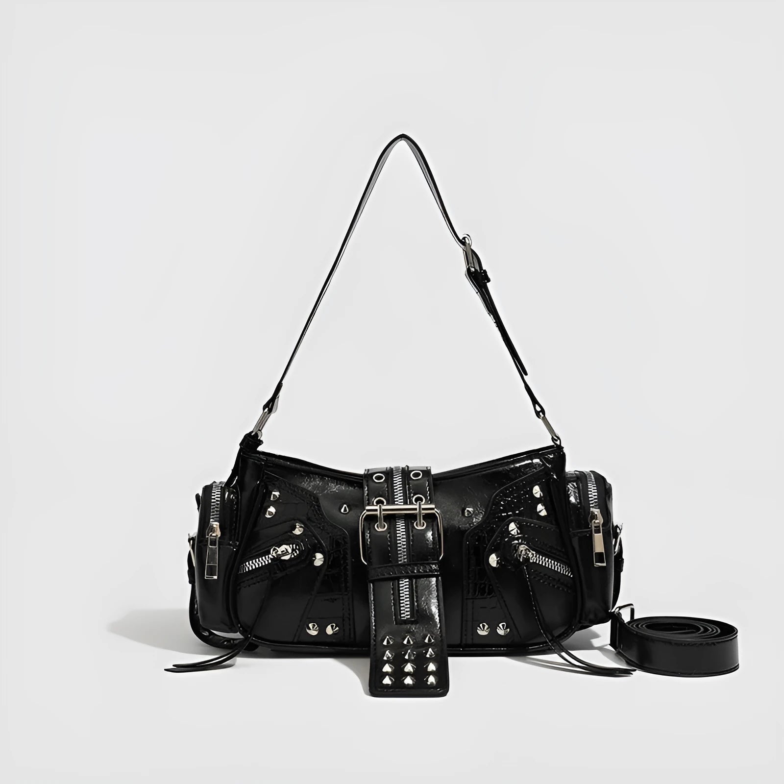 Black retro dumpling-shaped women's shoulder handbag with exterior pockets and organised interior.