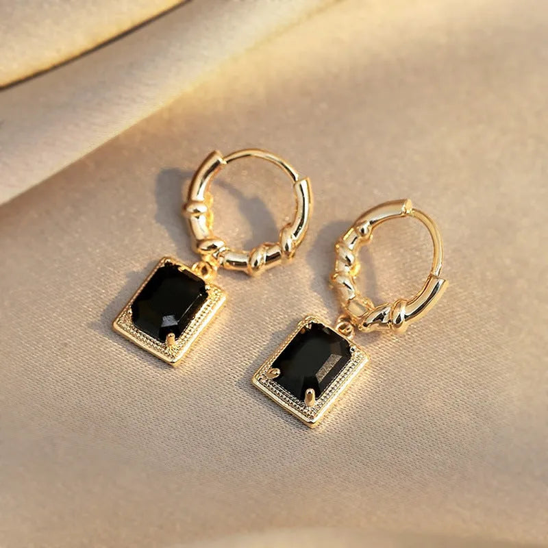 French court retro black zircon earrings with geometric quadrilateral shape on copper base
