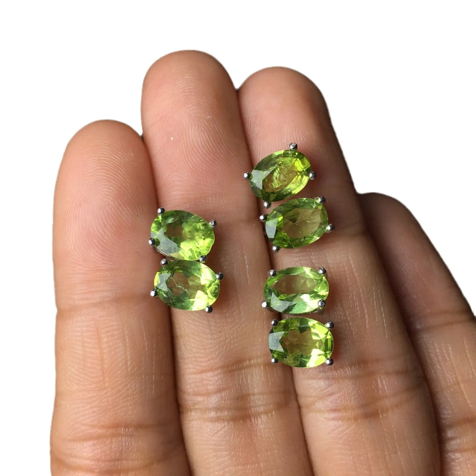 Grass green natural olivine faceted stud earrings in S925 silver setting