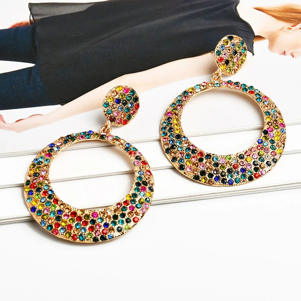Colourful large pendant alloy earrings with metal diamond round design in European fashion style
