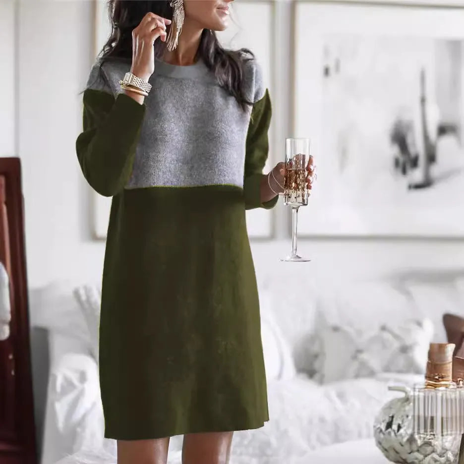 Brown women's long sleeve patchwork sweater dress with a round neck and loose fit.