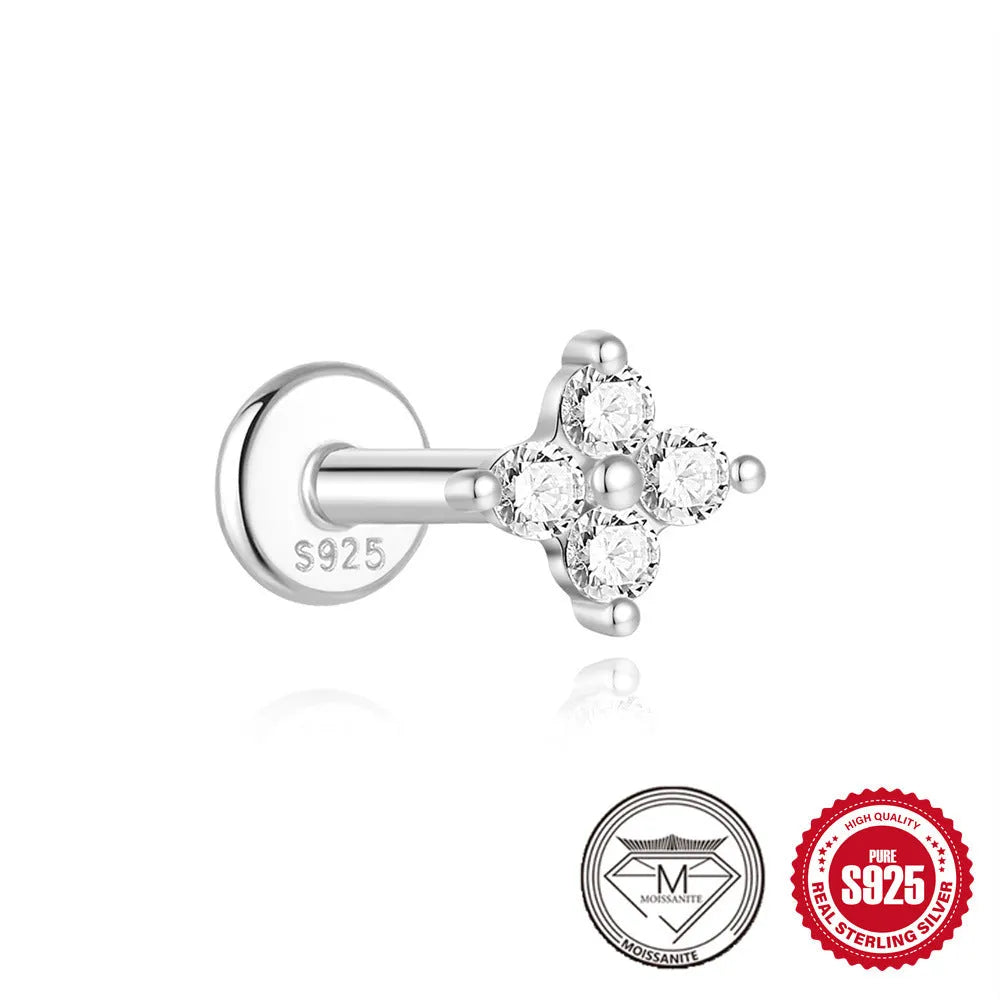 S925 sterling silver stud earrings with petal diamond geometric designs in platinum plating