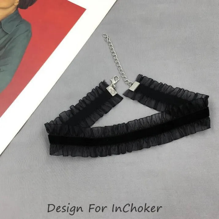 Velvet ruffled alloy flower necklace with snake bone chain in black, light coffee, or white electroplated finish