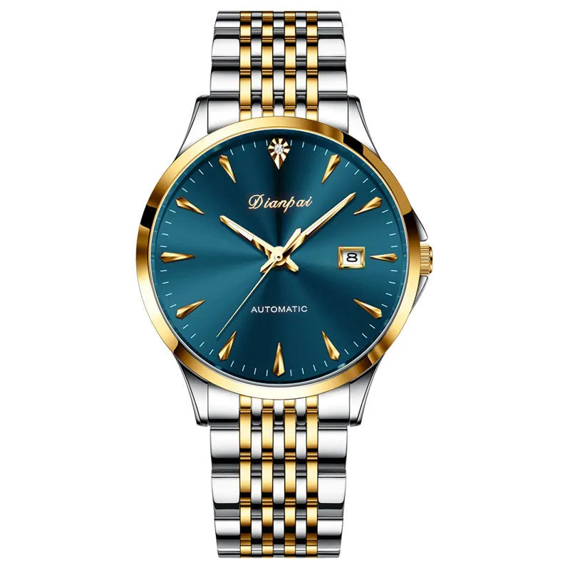 Men's stainless steel automatic mechanical watch with simple dial on wrist.