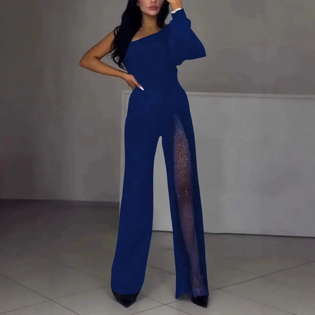 Women's black oblique shoulder jumpsuit with high slit design and long sleeves