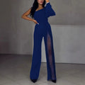 Women's black oblique shoulder jumpsuit with high slit design and long sleeves