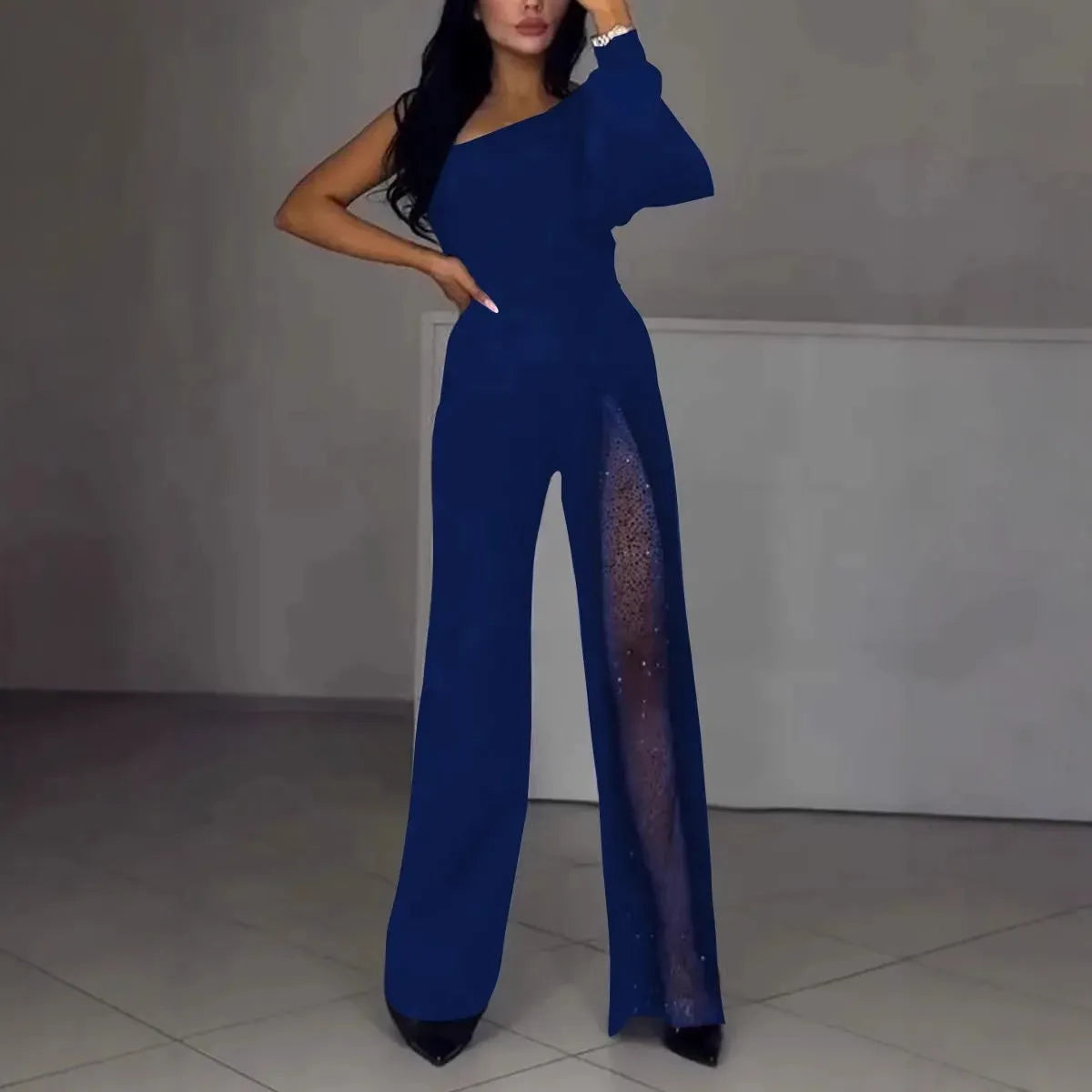 Women's black oblique shoulder jumpsuit with high slit design and long sleeves