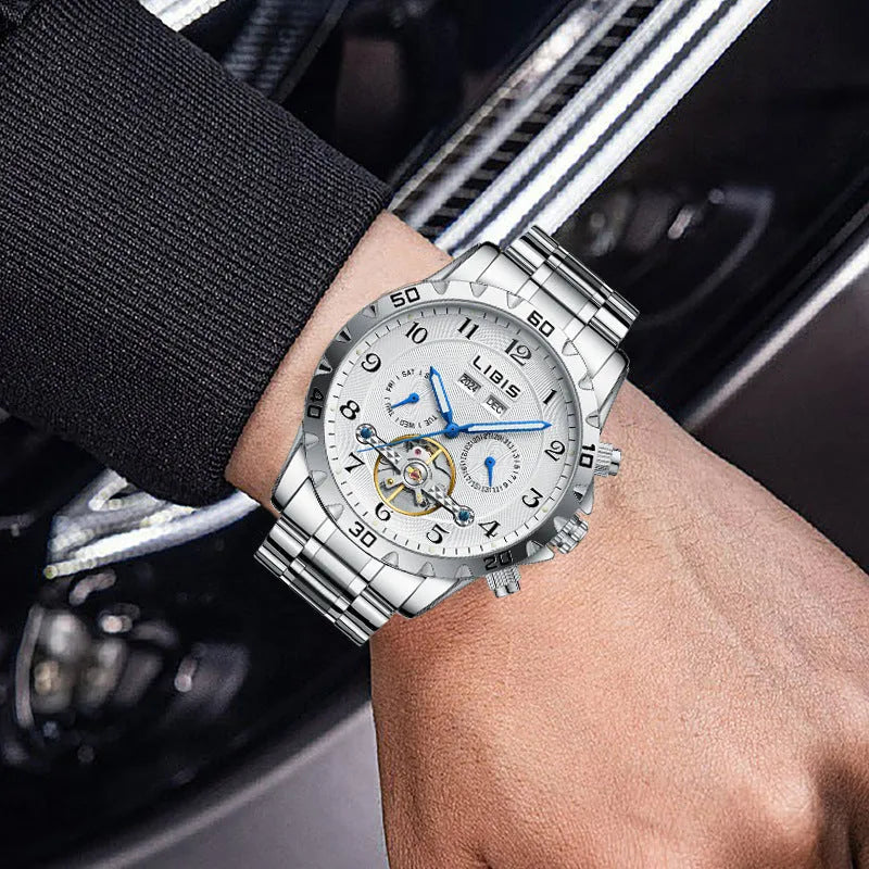 Men's silver stainless steel automatic perpetual calendar mechanical watch with business styling