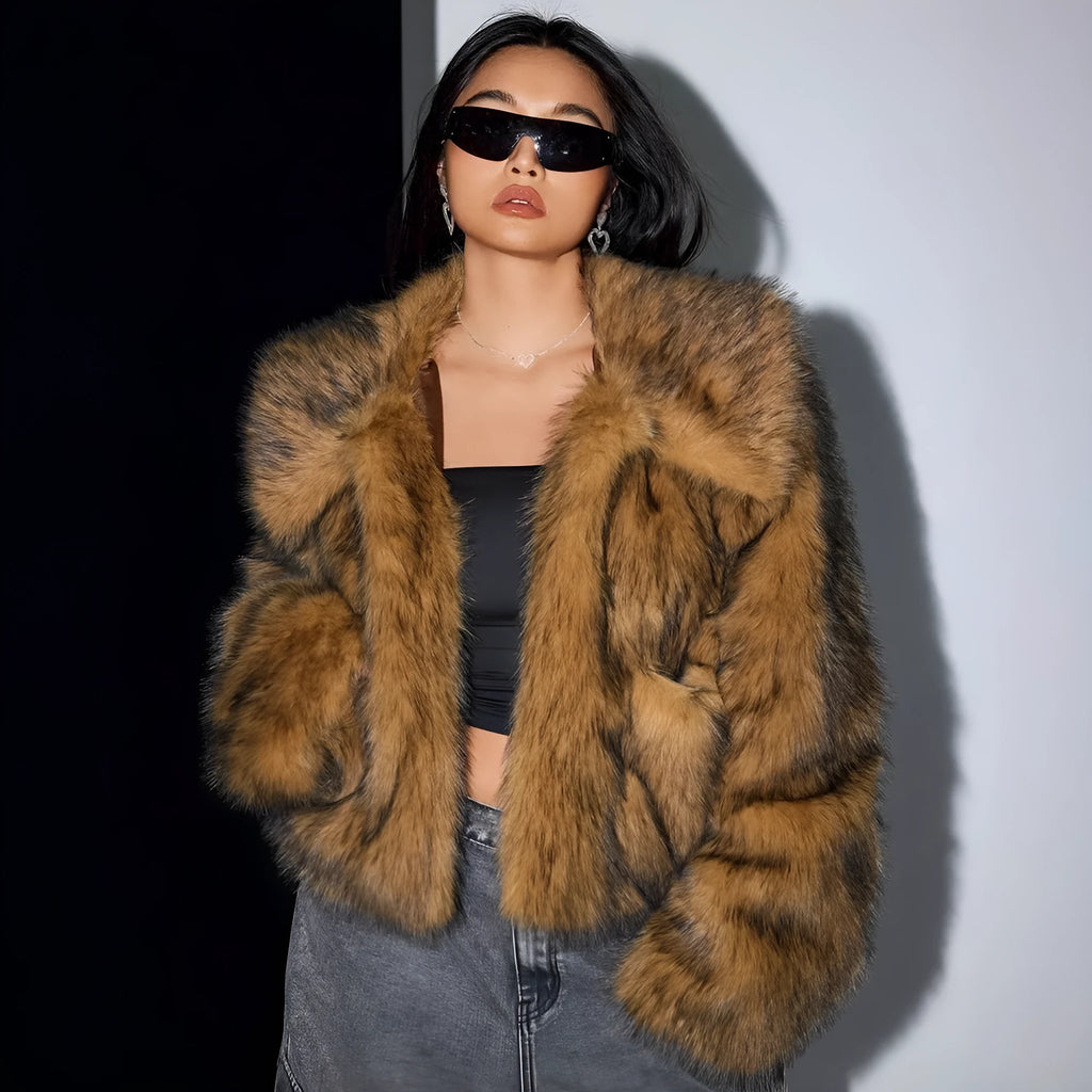 Artificial fox fur fashion coat with fur collar, shown in short length and available in multiple colours.