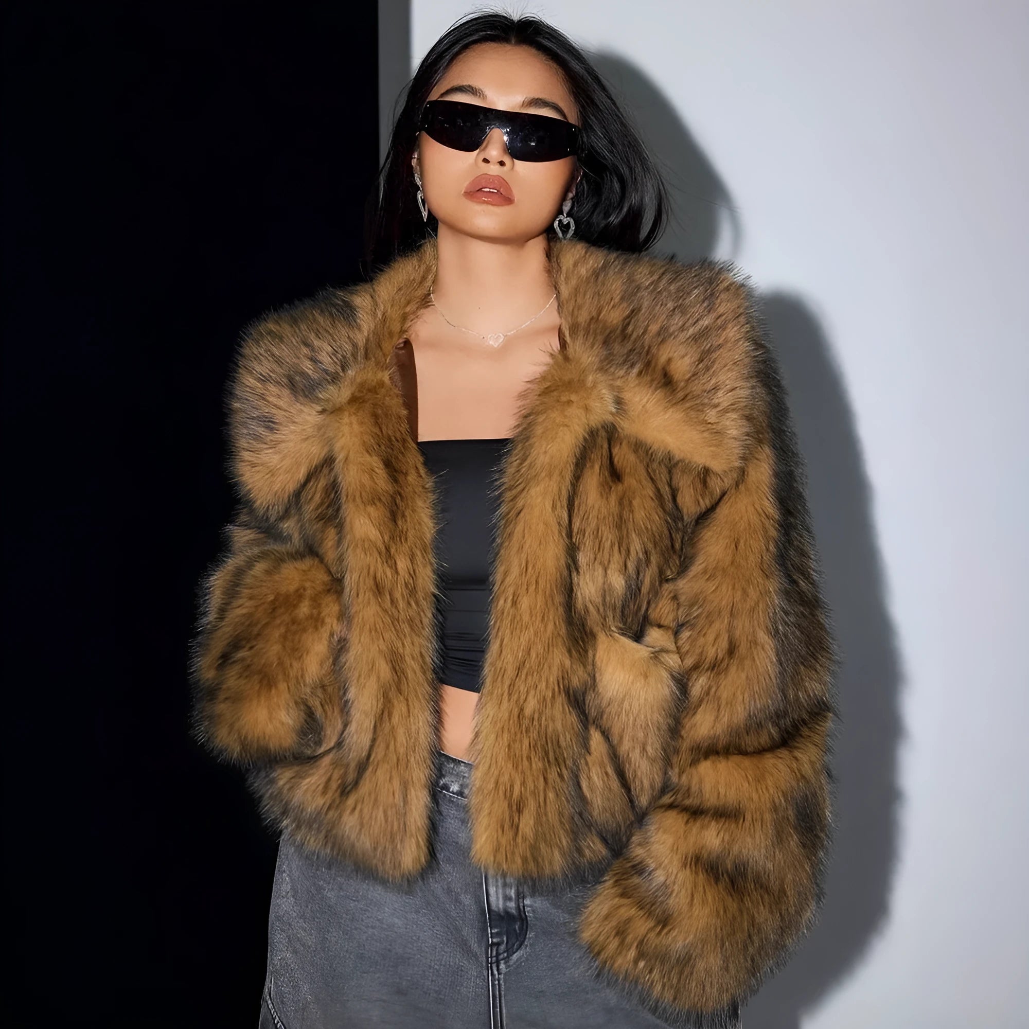 Artificial fox fur fashion coat with fur collar, shown in short length and available in multiple colours.