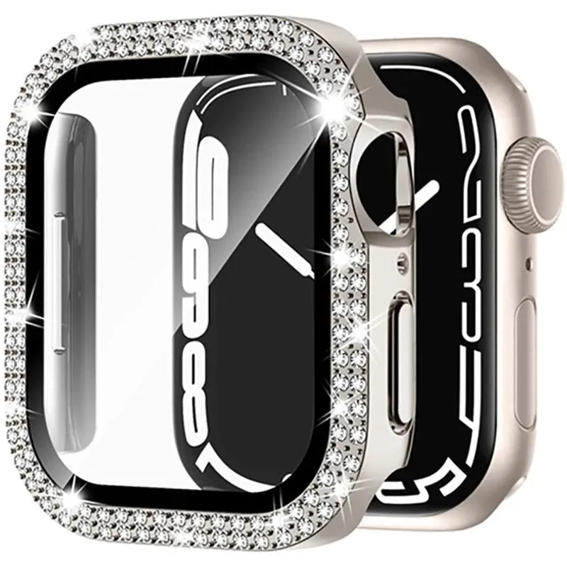 Apple Watch with a protective case and Double Diamond Glass screen protector in rose gold colour