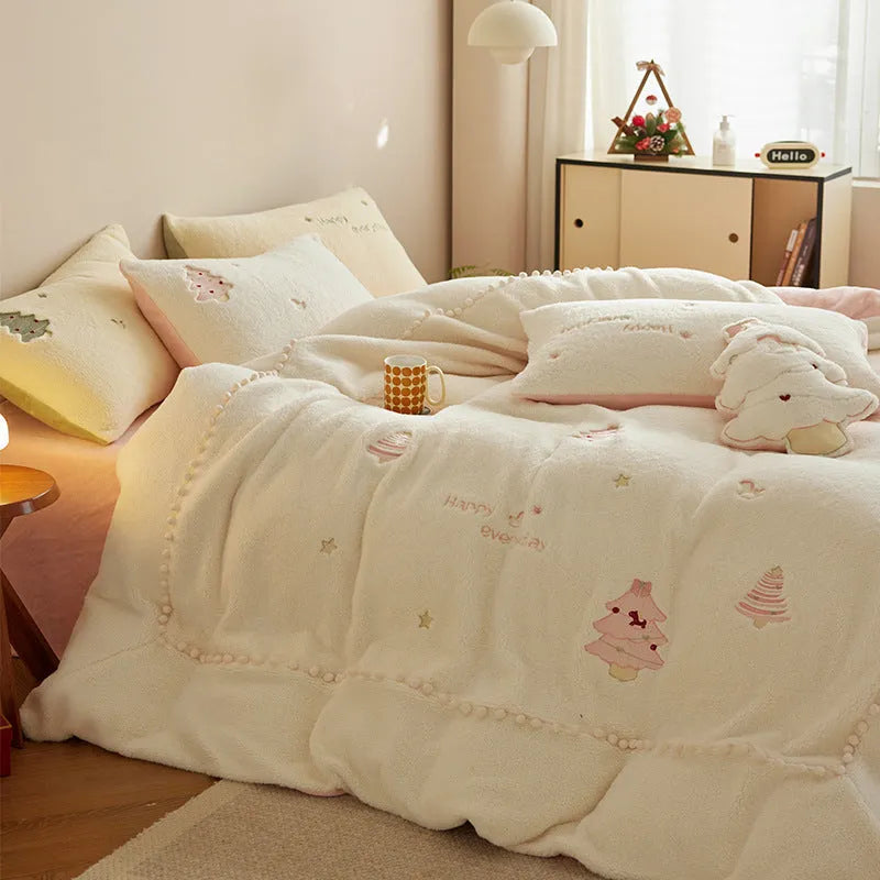 Milk fibre Christmas bedding set with reactive printed tree pattern shown on bed