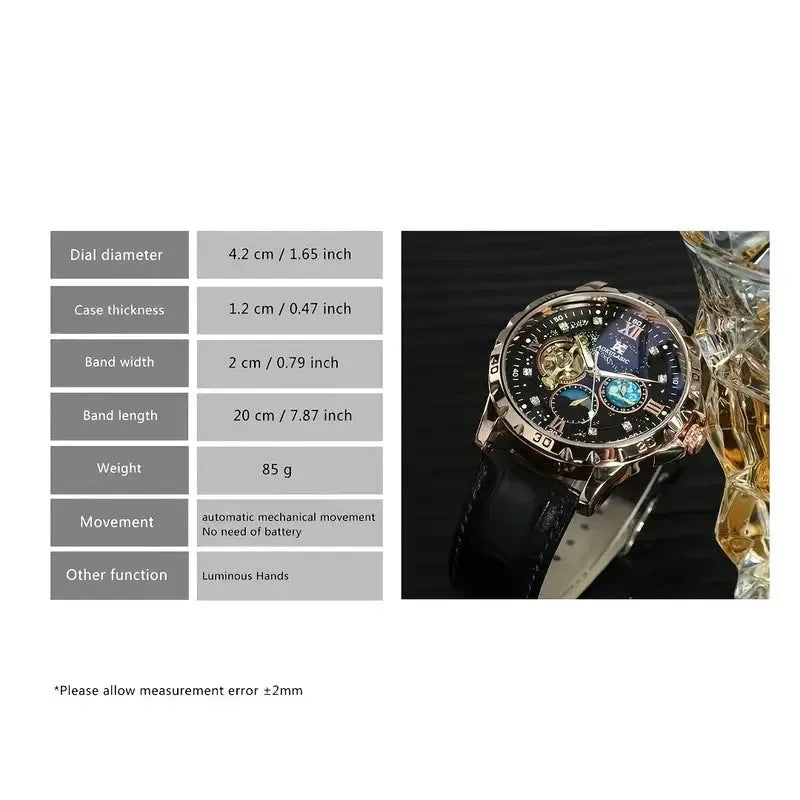 Men's black and rose gold automatic watch with hollow dial and leather strap.