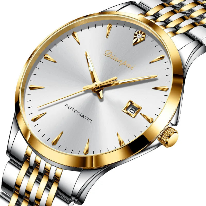 Men's stainless steel automatic mechanical watch with simple dial on wrist.