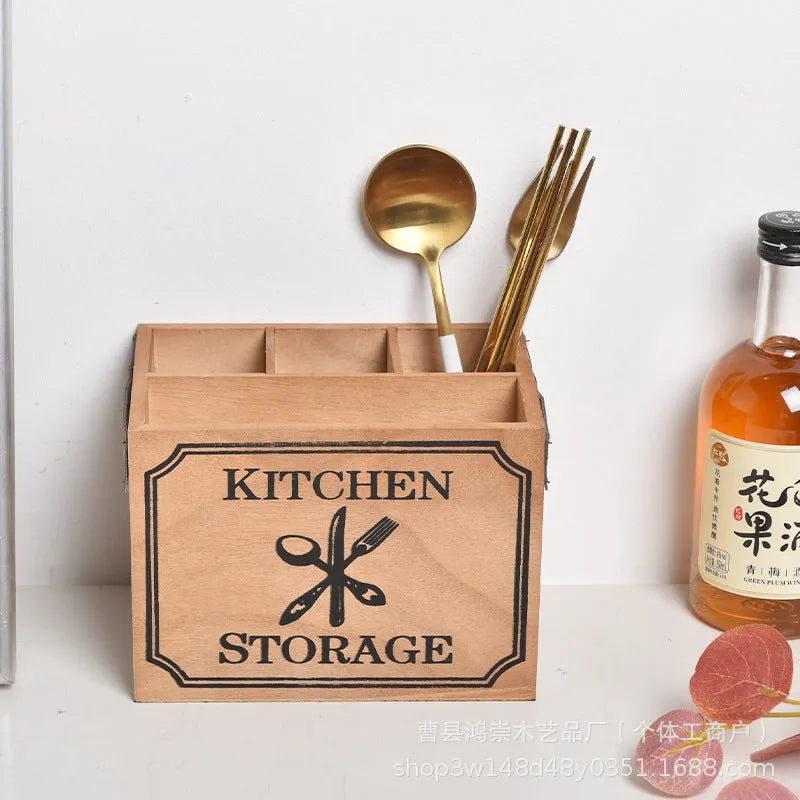 Solid wooden kitchen storage box with internal grid divider for knives, forks, and chopsticks.