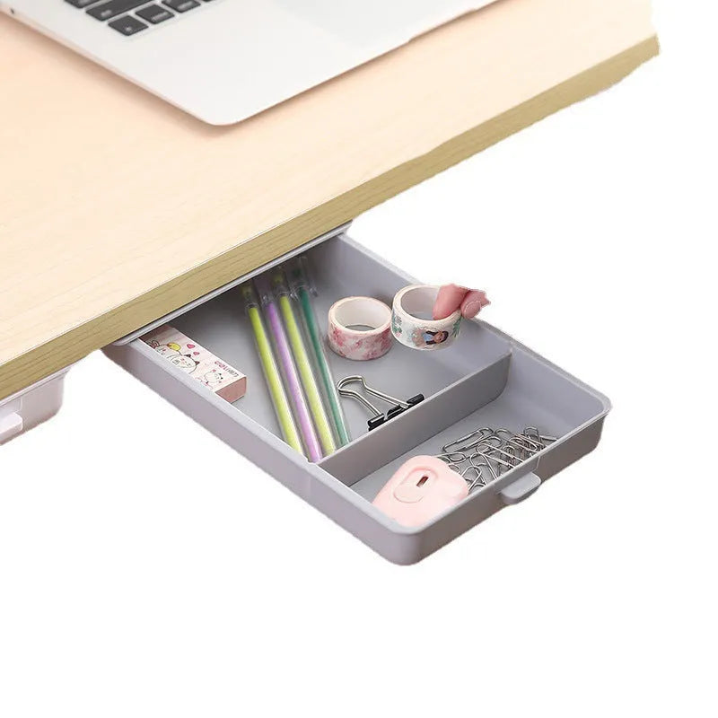 Plastic adhesive under-desk storage drawer with cover in grey, white, orange or yellow
