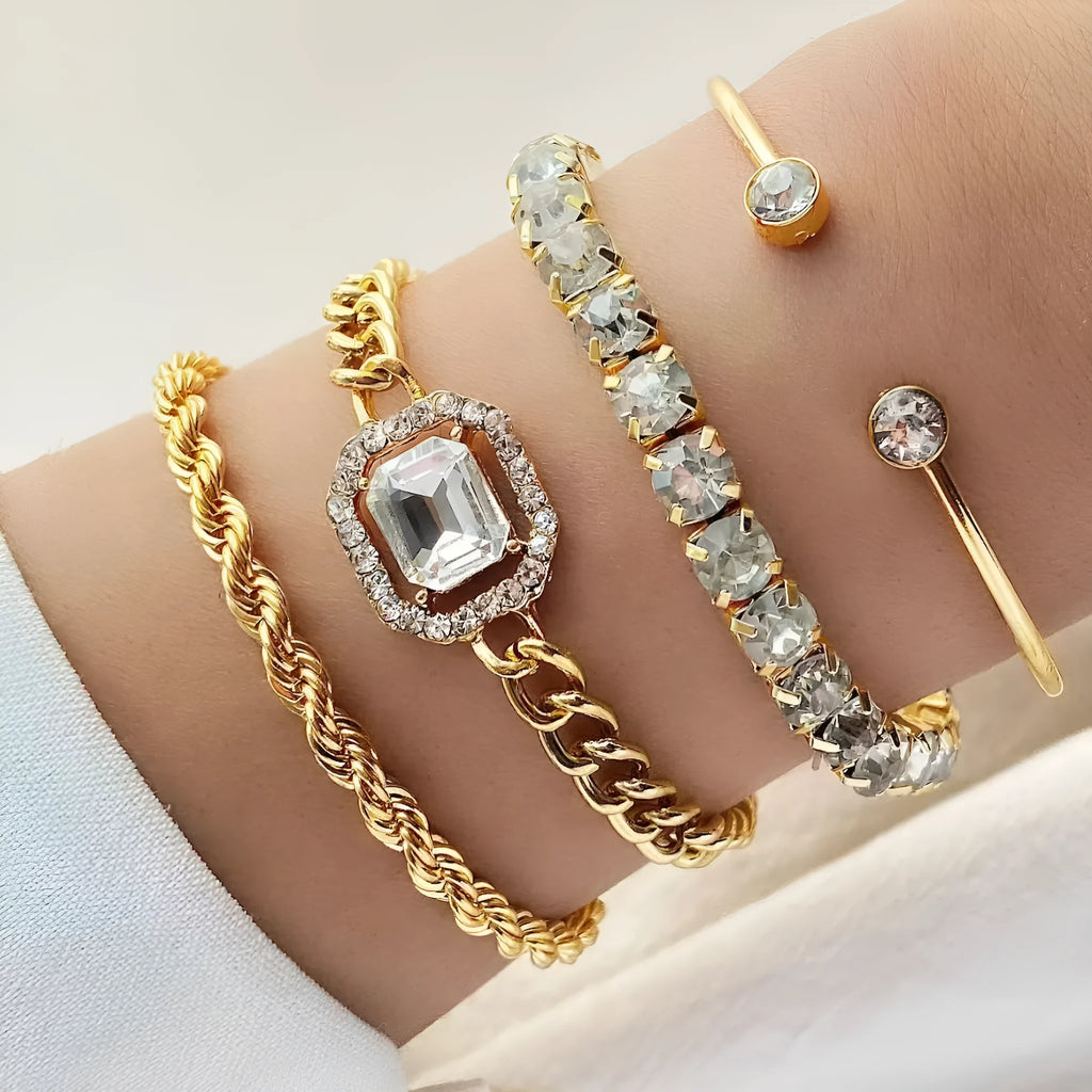 Women's geometric retro alloy bracelet set of four pieces with square diamond designs