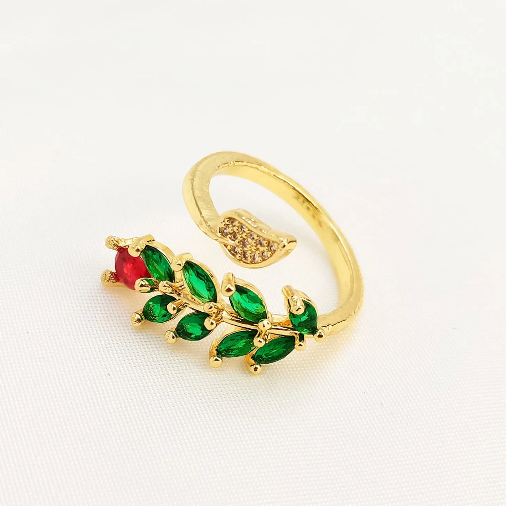 Women's copper leaf geometric open ring showing split band design with micro inlaid detailing