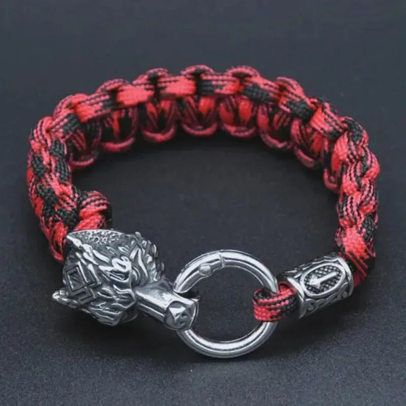 Stainless steel wolf head bracelet with Chinese Luen character charm in camouflage colour
