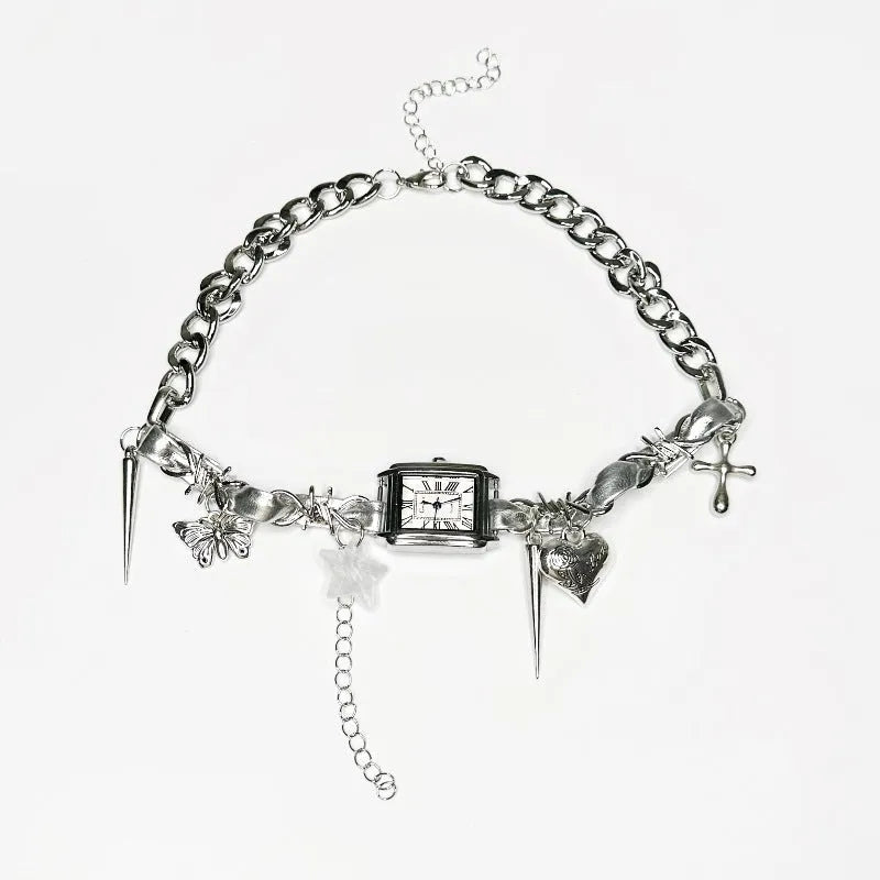 Dark multi-layer cross necklace with twin chains and hemp flowers detailing, adjustable 41-50cm length