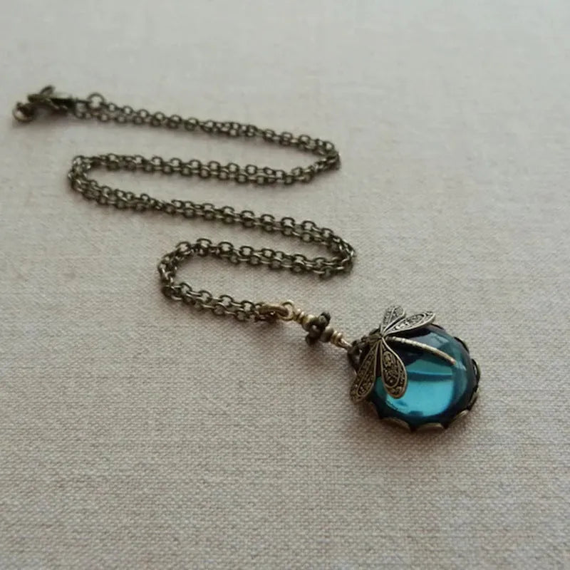 Vintage bronze hand carved dragonfly pendant necklace with 925 silver and yellow colour