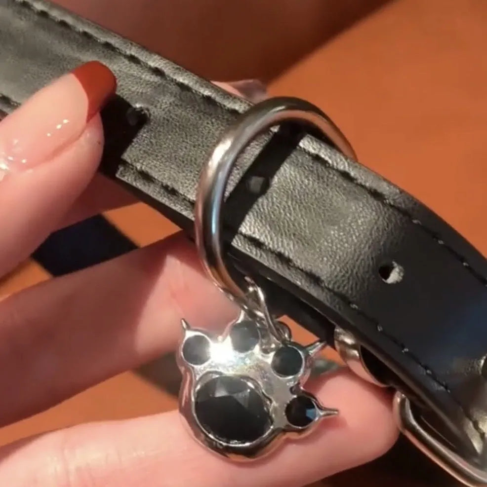 Black leather dog collar with brass bell charm in three designs: LD leather, bone pattern, and cat paw