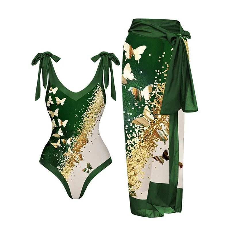 Solid colour women's one-piece swimsuit with spaghetti straps and an attached skirt.
