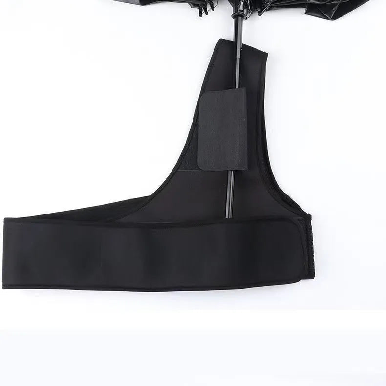 Black portable umbrella holder with fixed shoulder strap for hands-free sunshade use