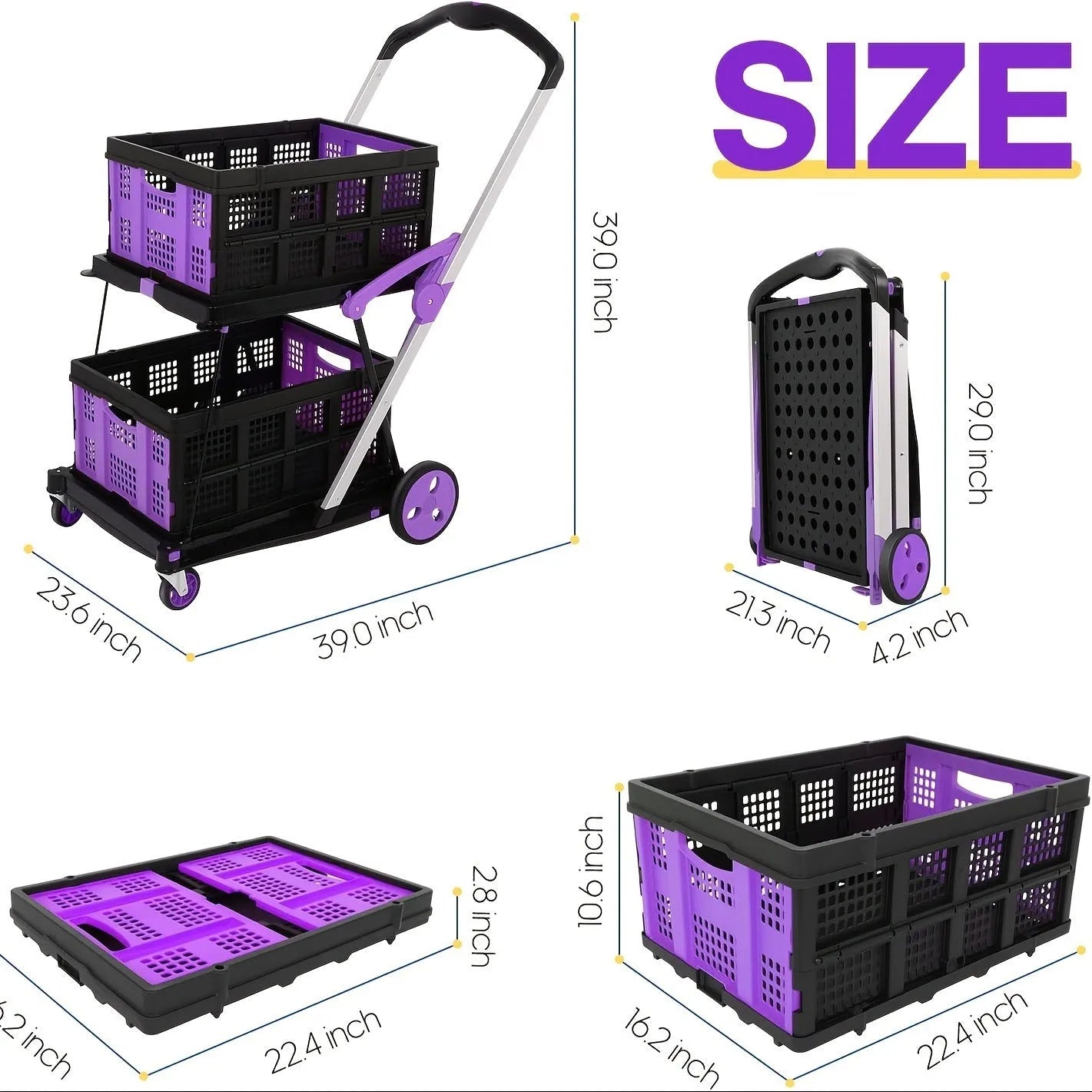 Foldable blue shopping trolley with two fabric basket compartments on a plastic frame.