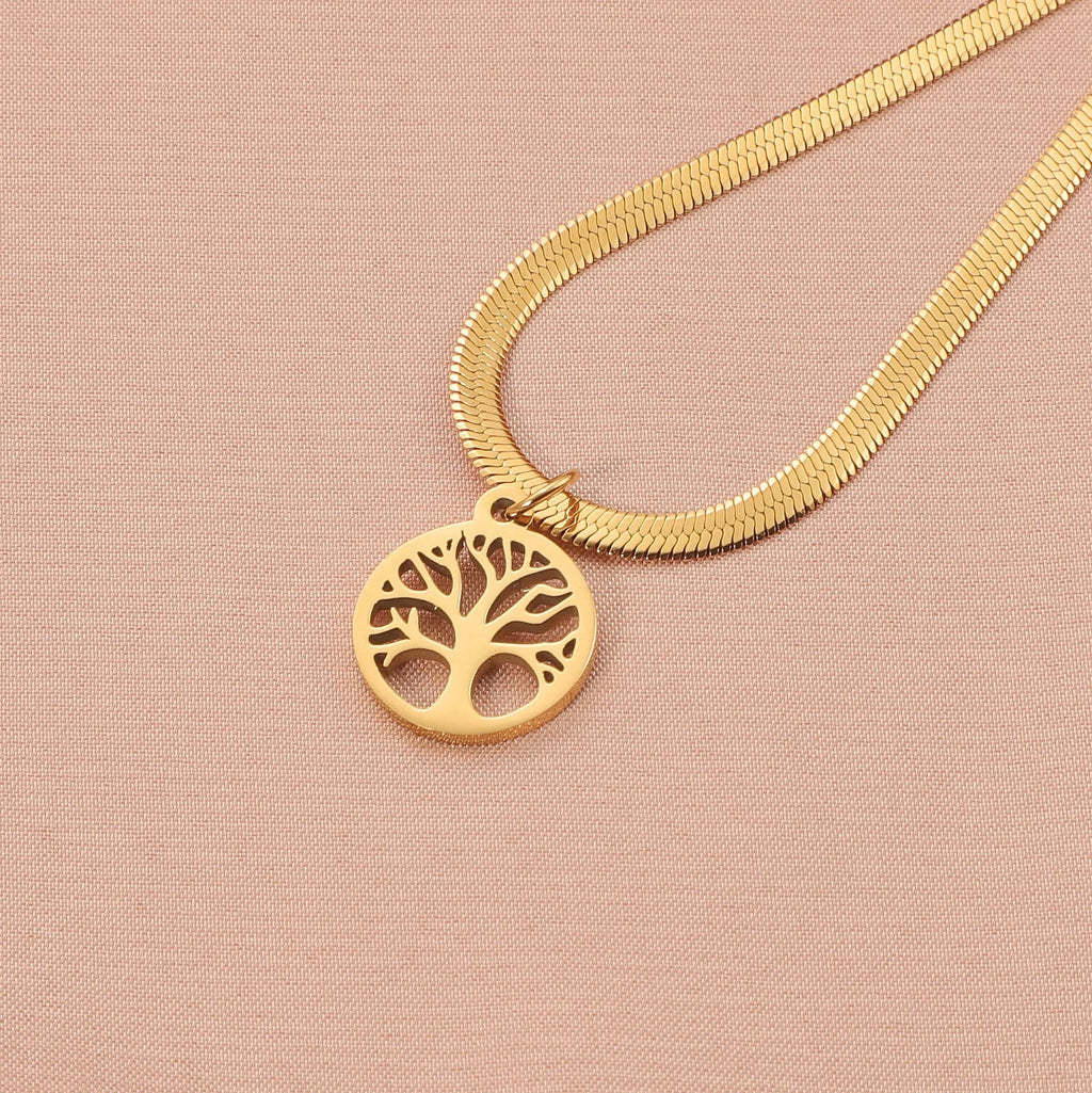 Stainless steel tree pendant clavicle chain with snake bones chain design in gold finish