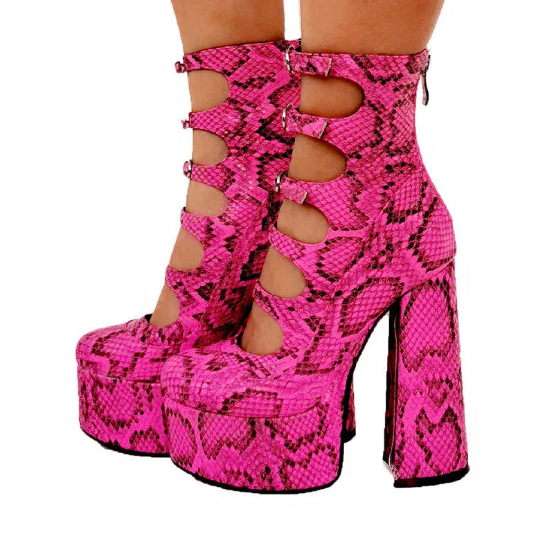 Black waterproof patent leather women's platform high heels with a thick heel and ankle buckle strap.