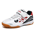 White and blue low top badminton shoes with a ribbed sole and breathable PVC upper.