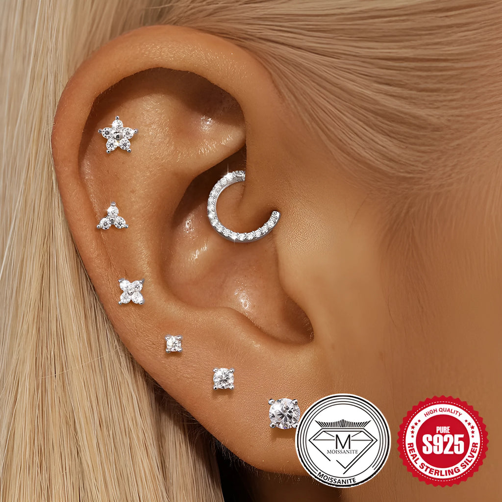 S925 sterling silver stud earrings with petal diamond geometric designs in platinum plating