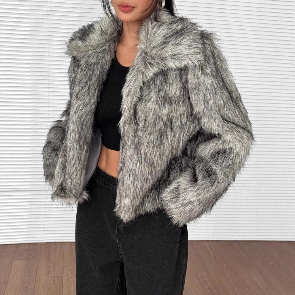 Artificial fox fur fashion coat with fur collar, shown in short length and available in multiple colours.