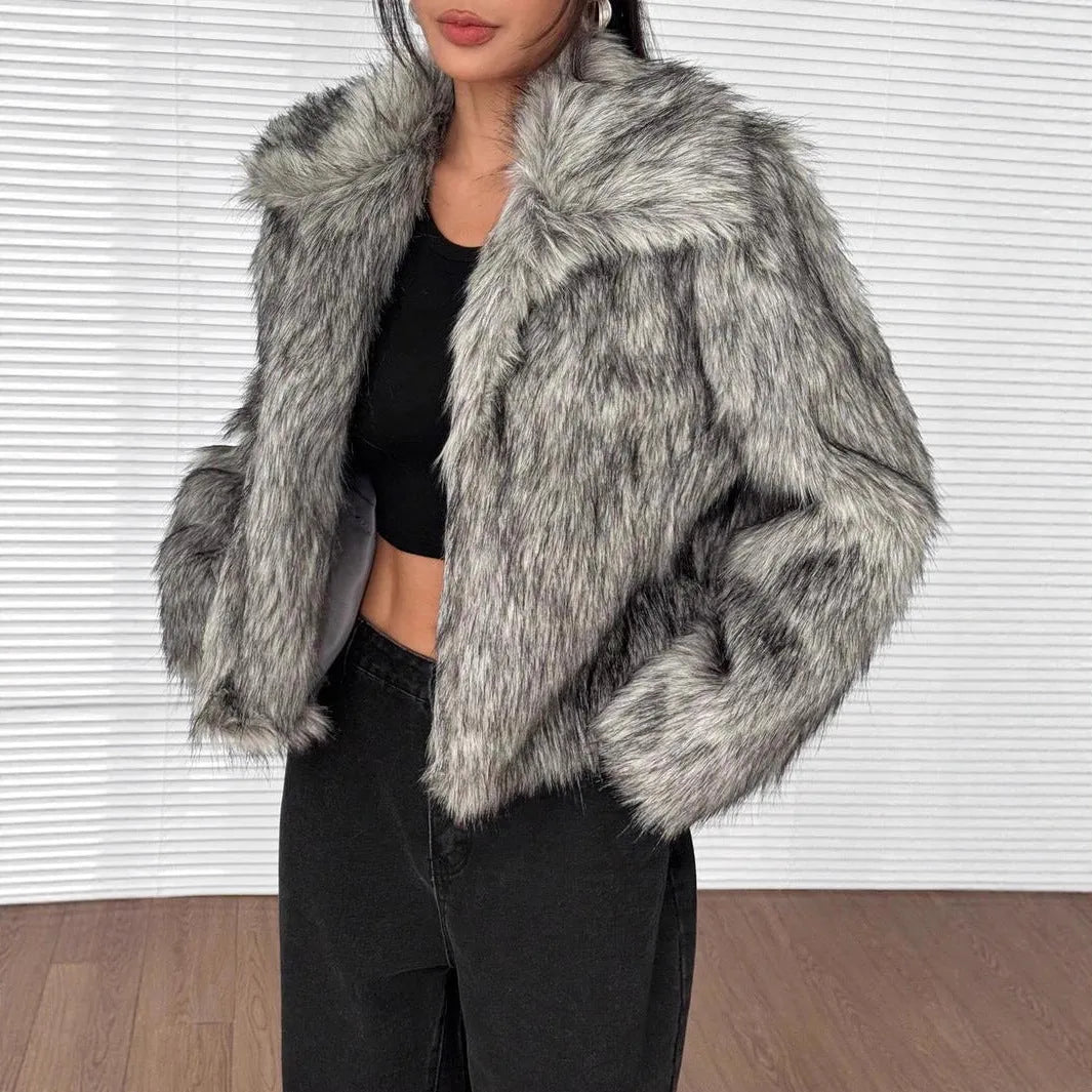 Artificial fox fur fashion coat with fur collar, shown in short length and available in multiple colours.