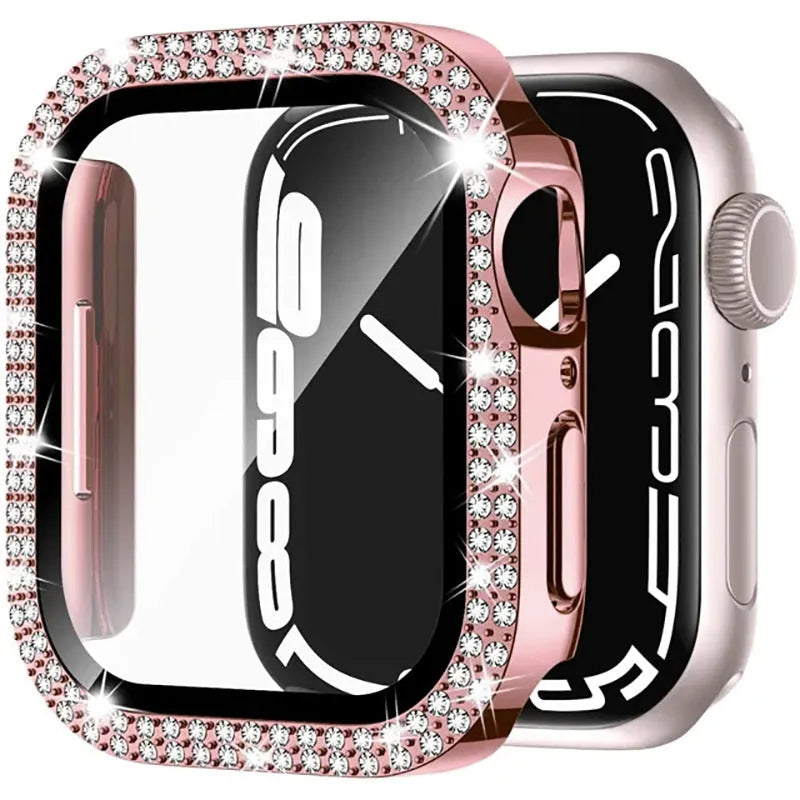Apple Watch with a protective case and Double Diamond Glass screen protector in rose gold colour