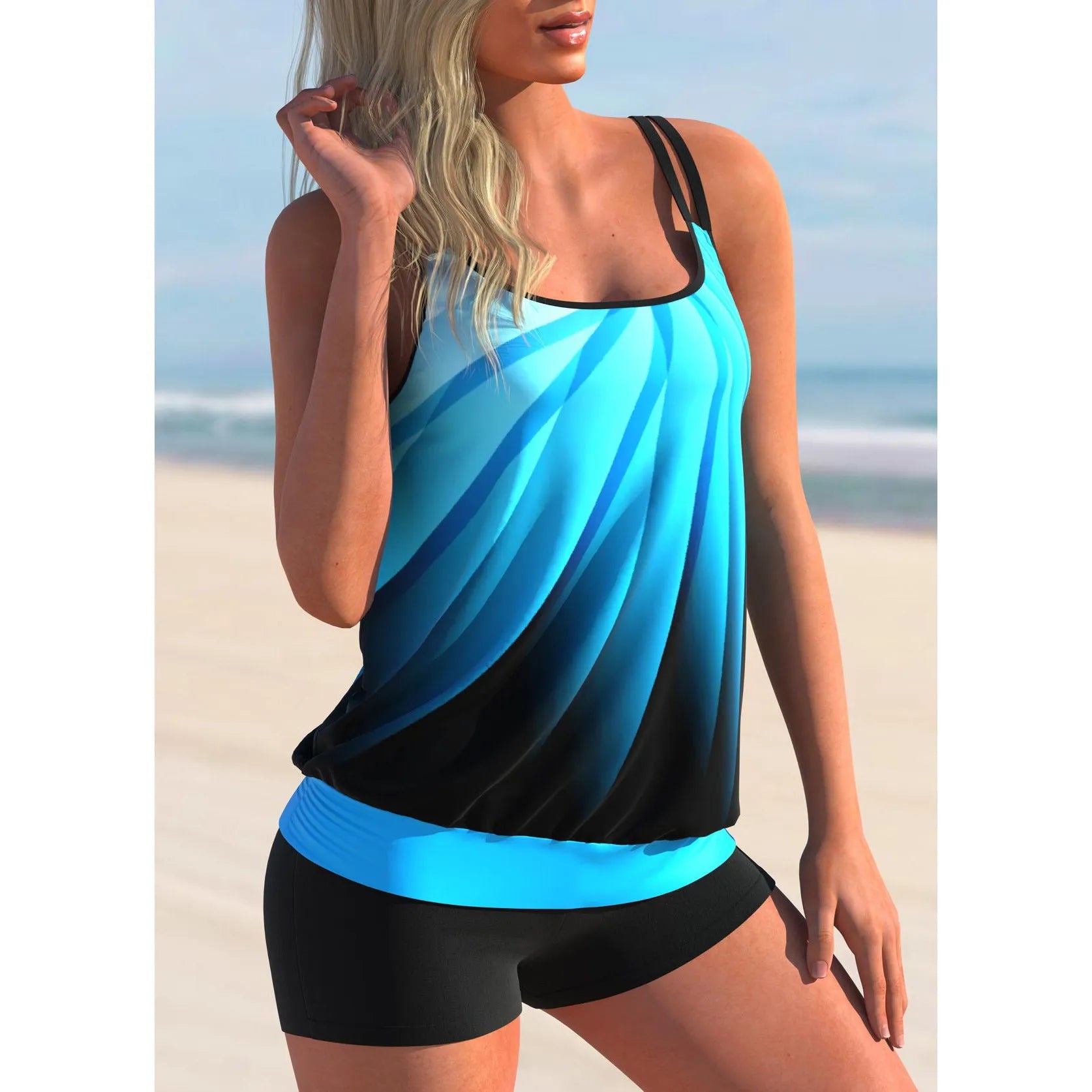 Women's plus size butterfly print swimsuit set with matching sling top and shorts
