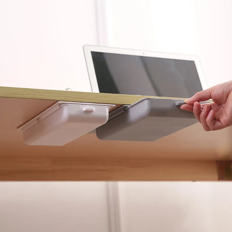 Plastic adhesive under-desk storage drawer with cover in grey, white, orange or yellow