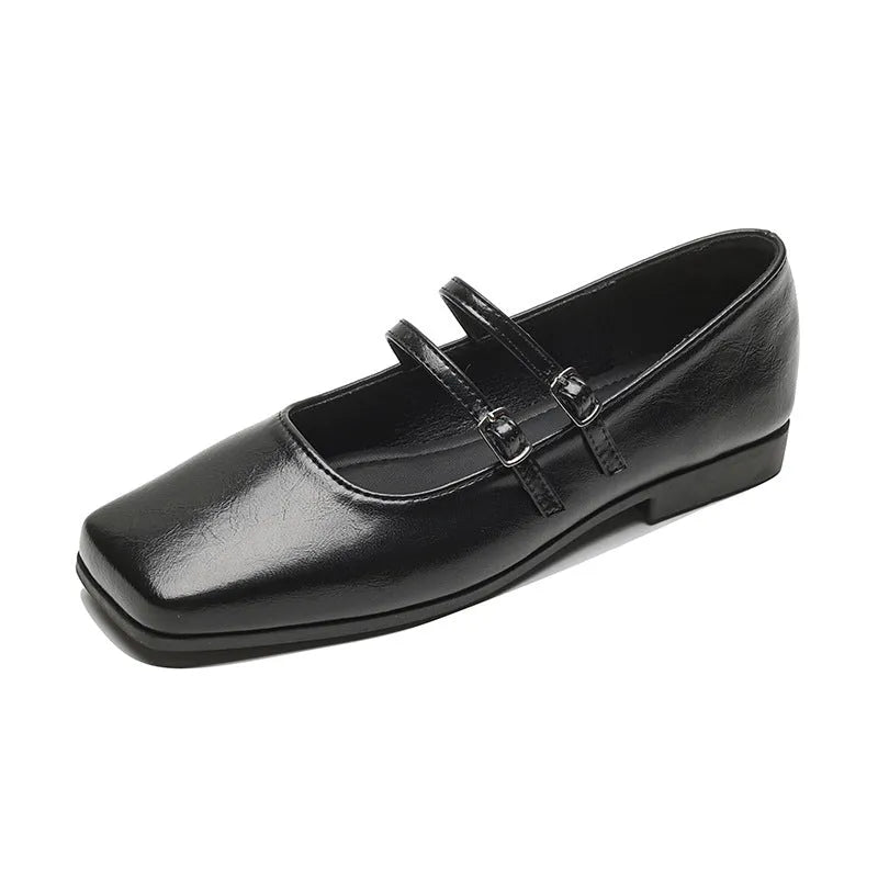 Women's silver leather Mary Jane shoes with cross buckle strap and flat heel