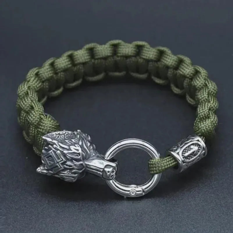 Stainless steel wolf head bracelet with Chinese Luen character charm in camouflage colour
