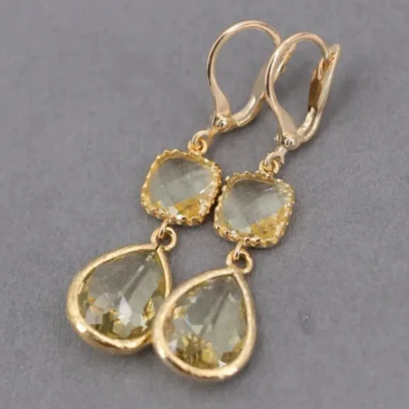Gold retro geometric crystal long fringe earrings with water droplet design on copper with electroplated finish