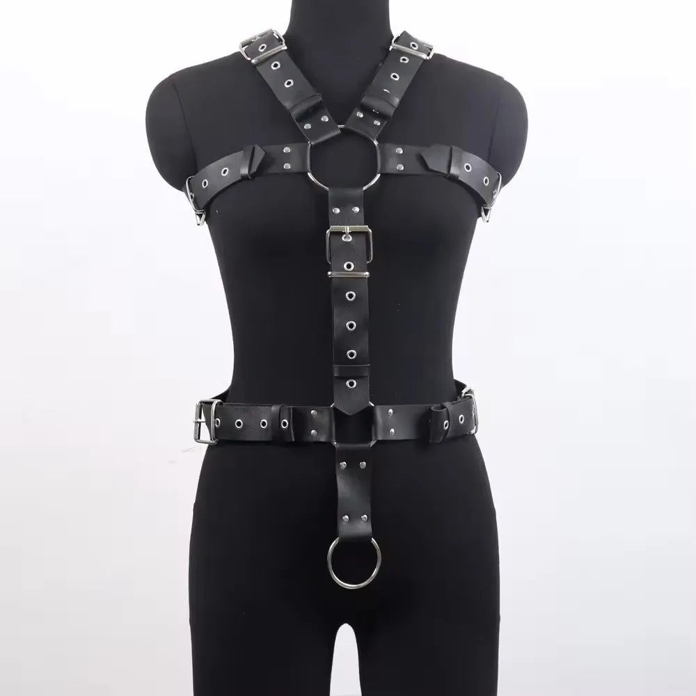 Black leather binding suit with pin buckle fastening for waist shaping