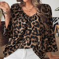 Women's multicolour leopard print half sleeve V-neck pullover top with pleating detail