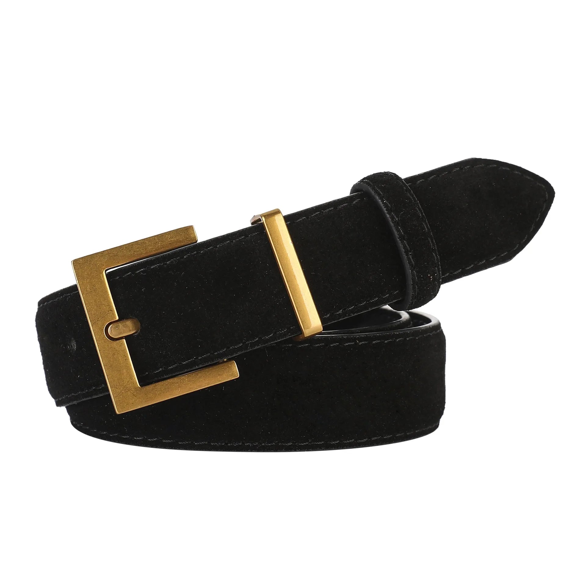 Ladies' black leather pin buckle belt with quadrilateral alloy buckle on a white background.